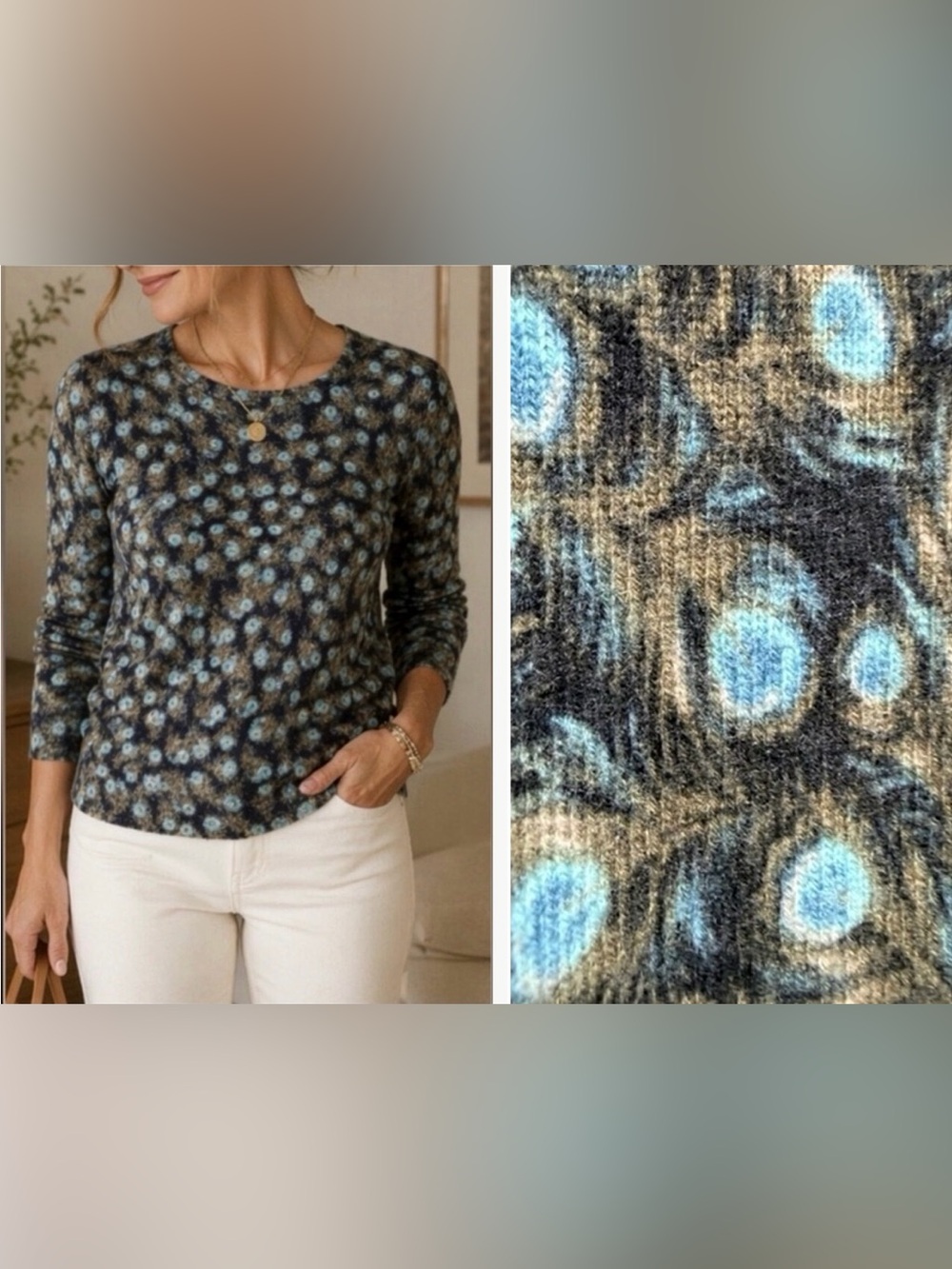 Talbots Petites 100% Cashmere Floral Sweater Blue Multi MP Soft Lightweight